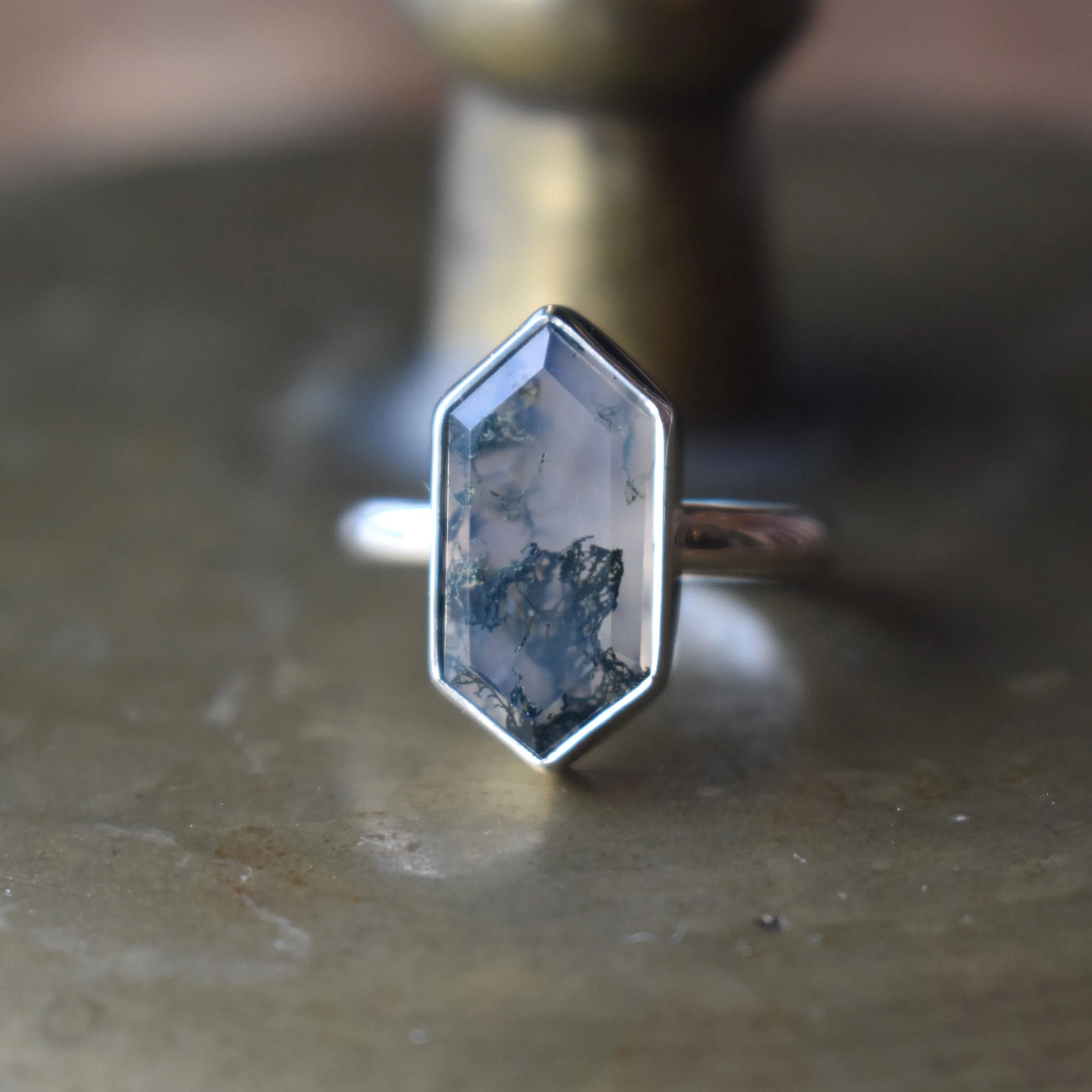 Moss Agate Hexagon Rings