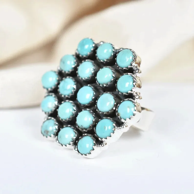 Native American Round Cut Turquoise Cluster Rings - 925 Sterling Silver Handmade Vintage Rings