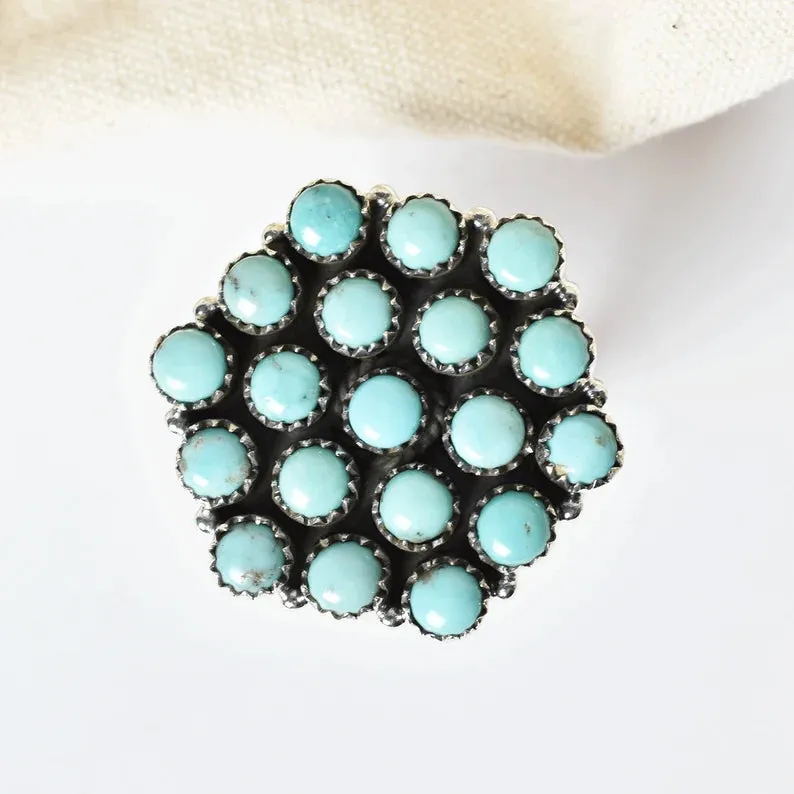Native American Round Cut Turquoise Cluster Rings - 925 Sterling Silver Handmade Vintage Rings