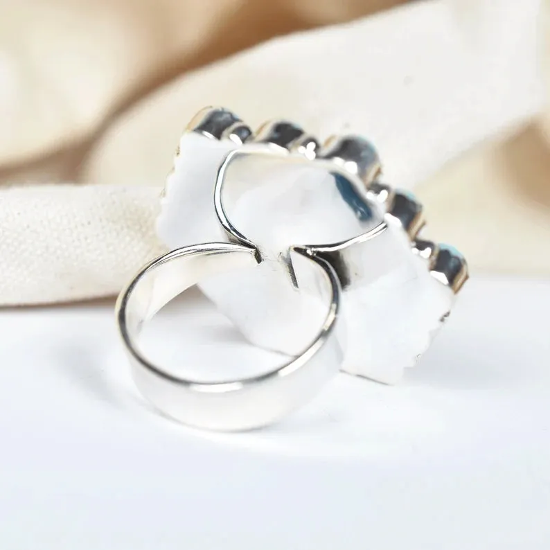 Native American Round Cut Turquoise Cluster Rings - 925 Sterling Silver Handmade Vintage Rings