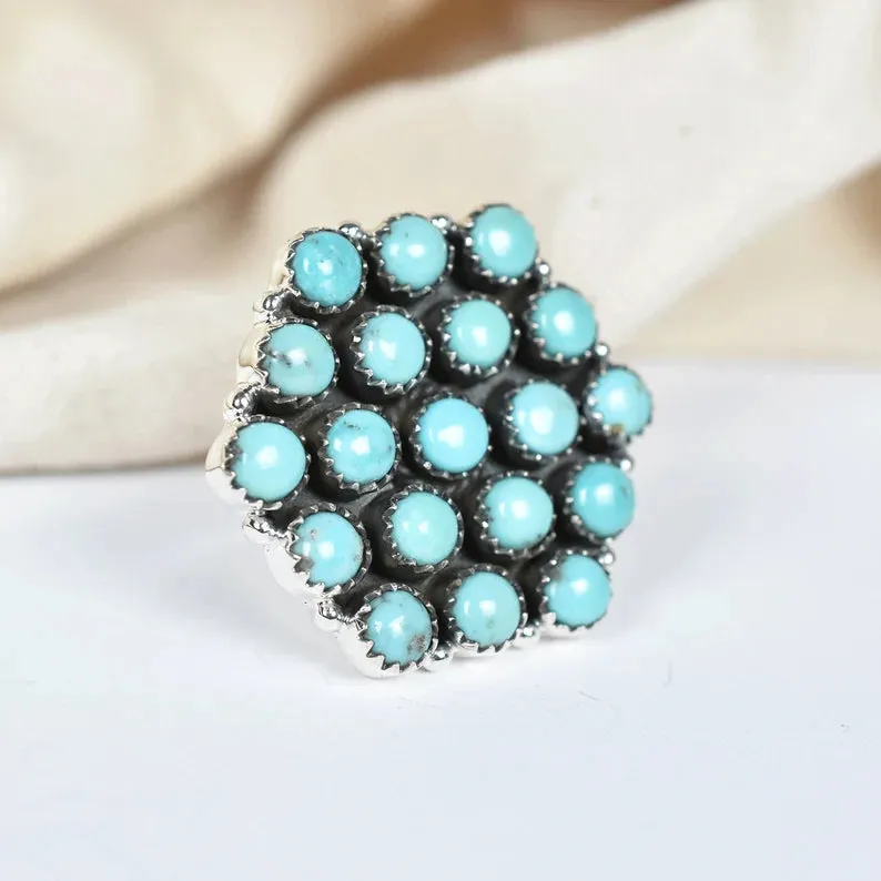 Native American Round Cut Turquoise Cluster Rings - 925 Sterling Silver Handmade Vintage Rings