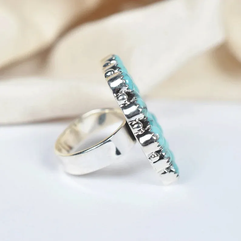 Native American Round Cut Turquoise Cluster Rings - 925 Sterling Silver Handmade Vintage Rings