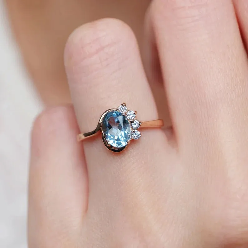 Natural Blue Topaz Engagement Ring - 14k Rose Gold Vermeil Ring