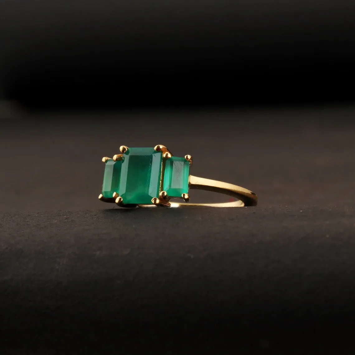 Natural Three Stone Green Onyx Statement Ring - 14k Gold Vermeil Rings