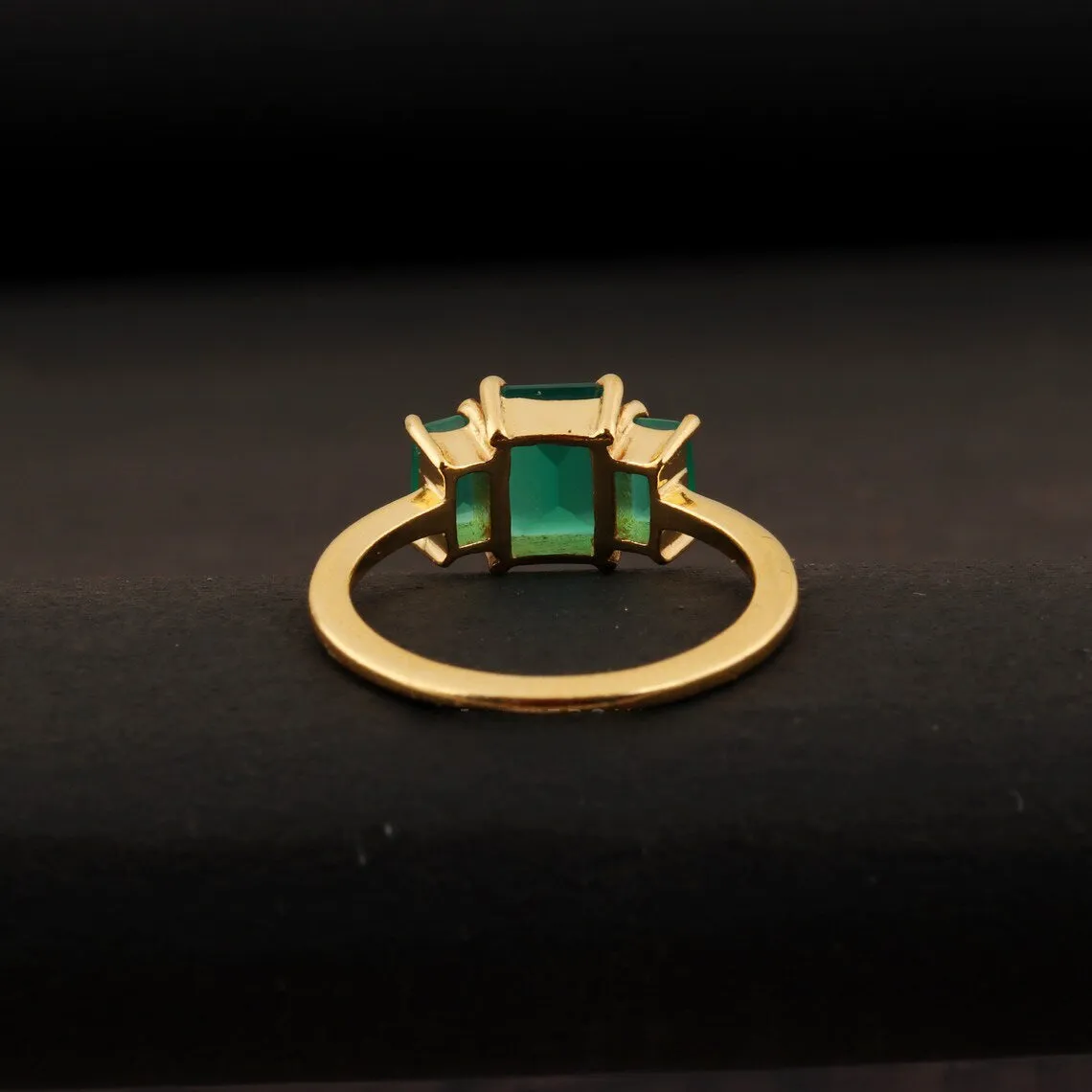 Natural Three Stone Green Onyx Statement Ring - 14k Gold Vermeil Rings