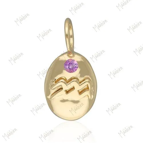 Oval Shape Zodiac Sign Charm With Gemstone