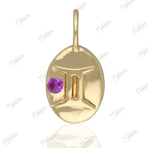 Oval Shape Zodiac Sign Charm With Gemstone