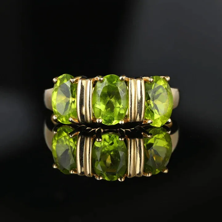 Peridot Oval Cut Three Stone Vintage Engagement RIng - 14k Gold Vermeil Ring