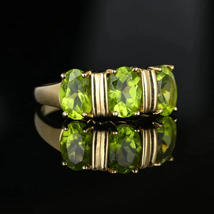 Peridot Oval Cut Three Stone Vintage Engagement RIng - 14k Gold Vermeil Ring
