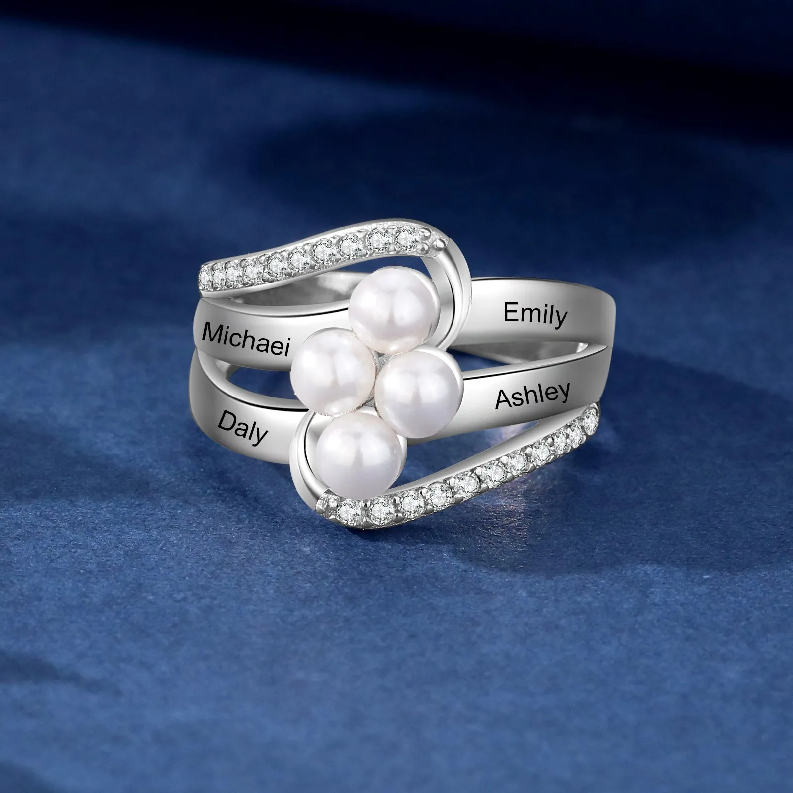 Personalised Name Pearl Ring- White Gold Plated