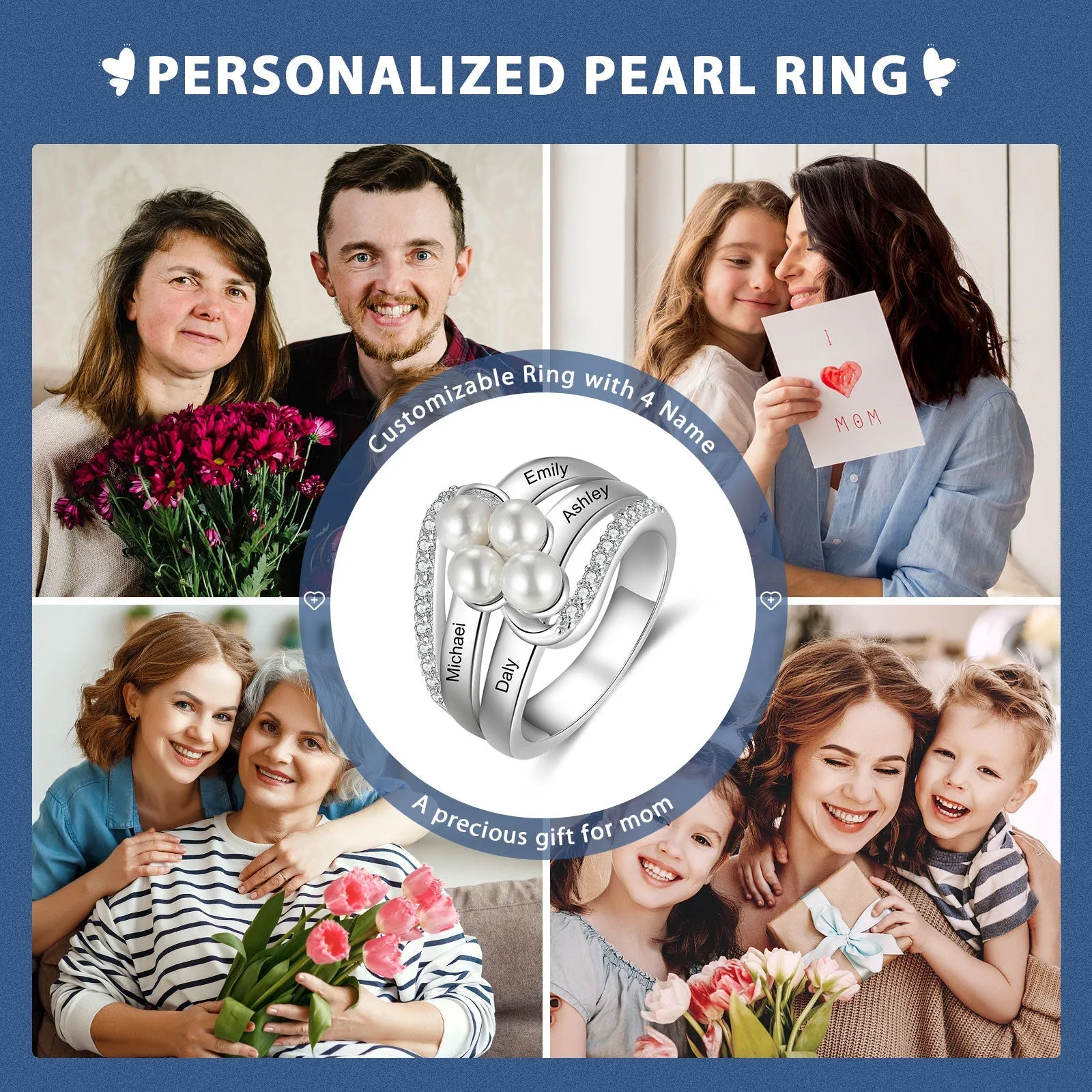 Personalised Name Pearl Ring- White Gold Plated