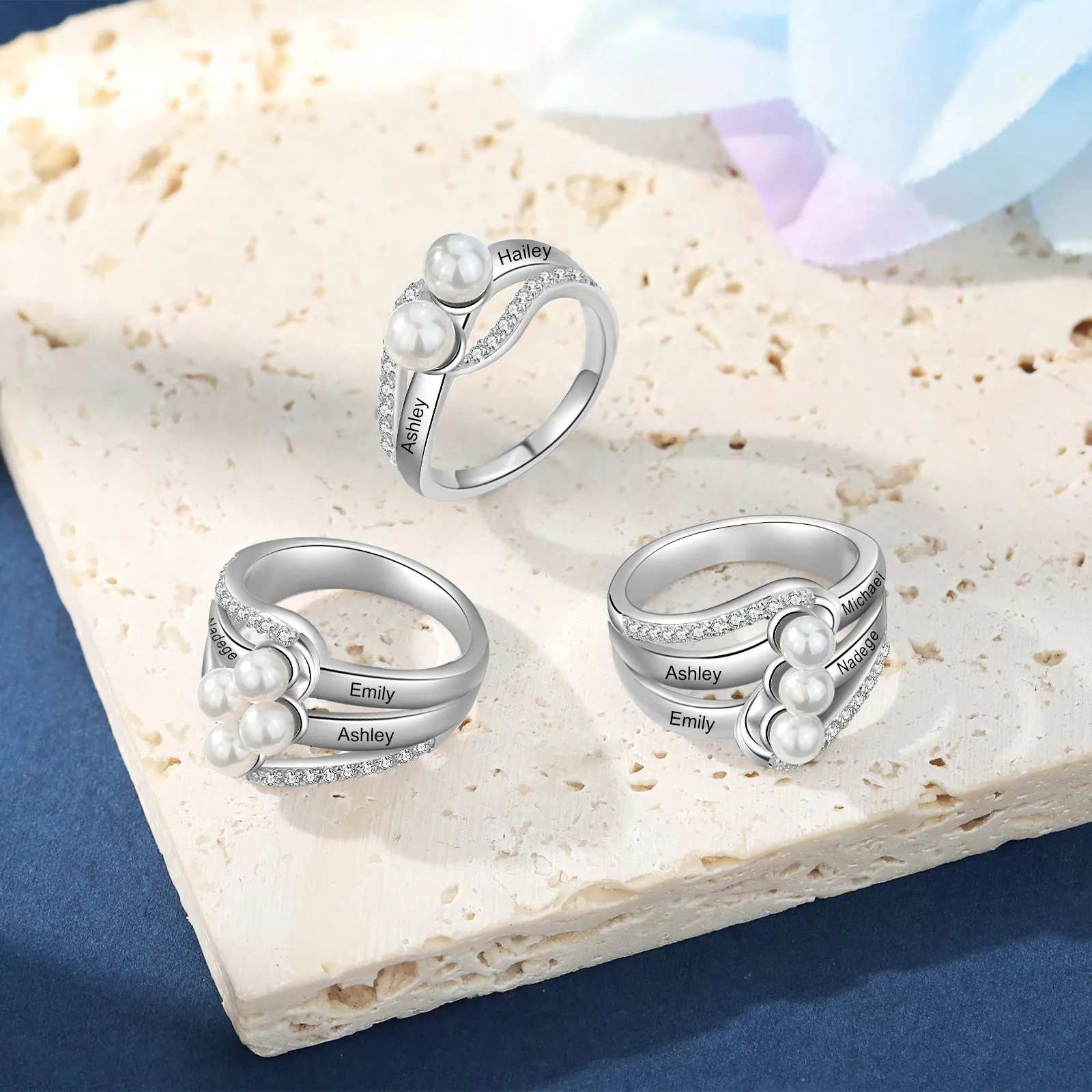 Personalised Name Pearl Ring- White Gold Plated