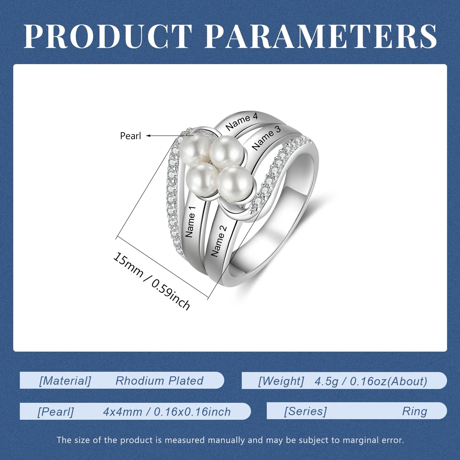 Personalised Name Pearl Ring- White Gold Plated