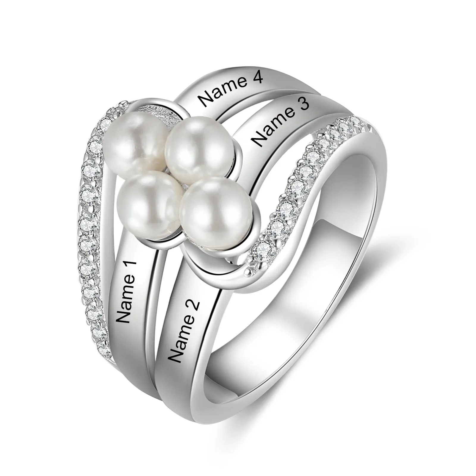 Personalised Name Pearl Ring- White Gold Plated