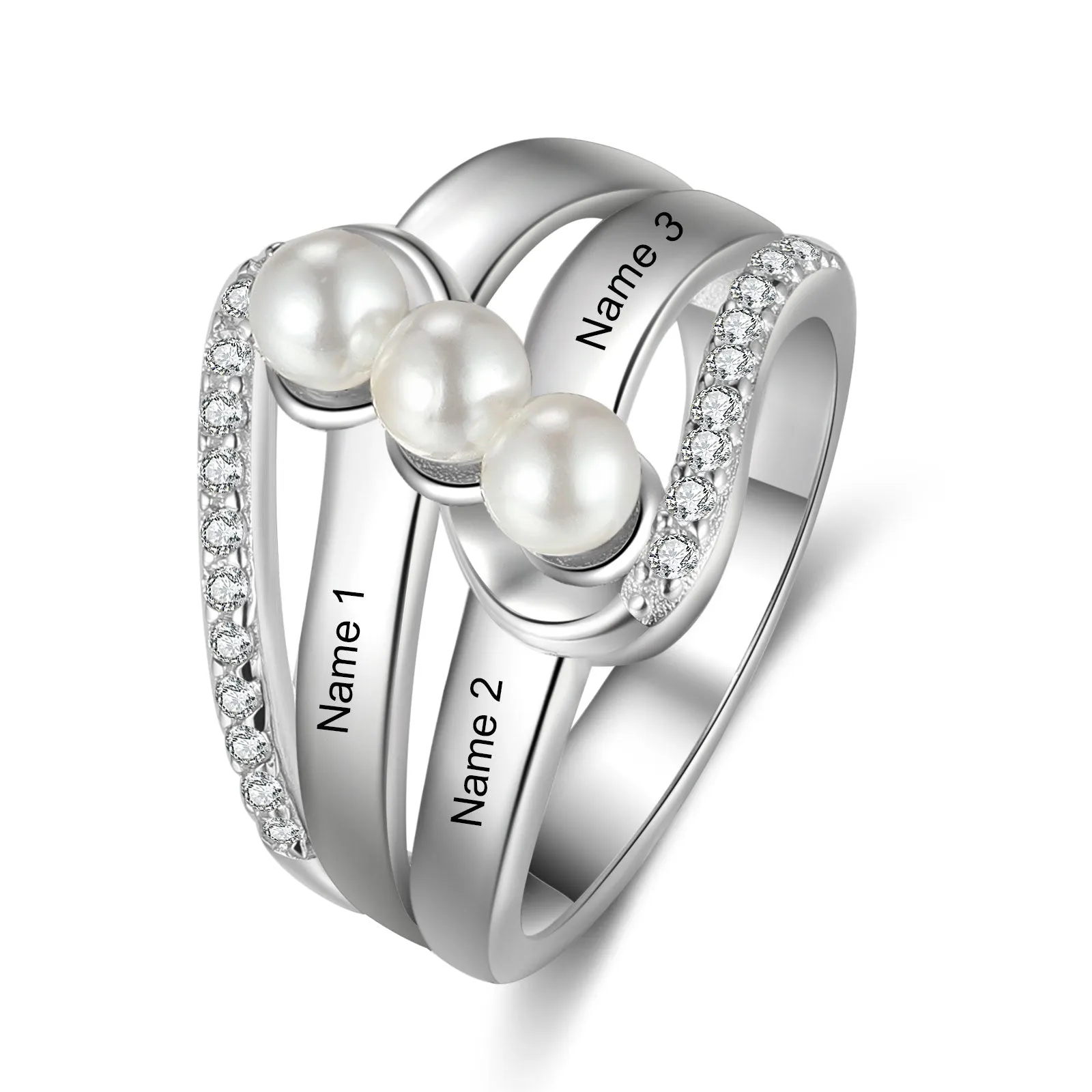 Personalised Name Pearl Ring- White Gold Plated