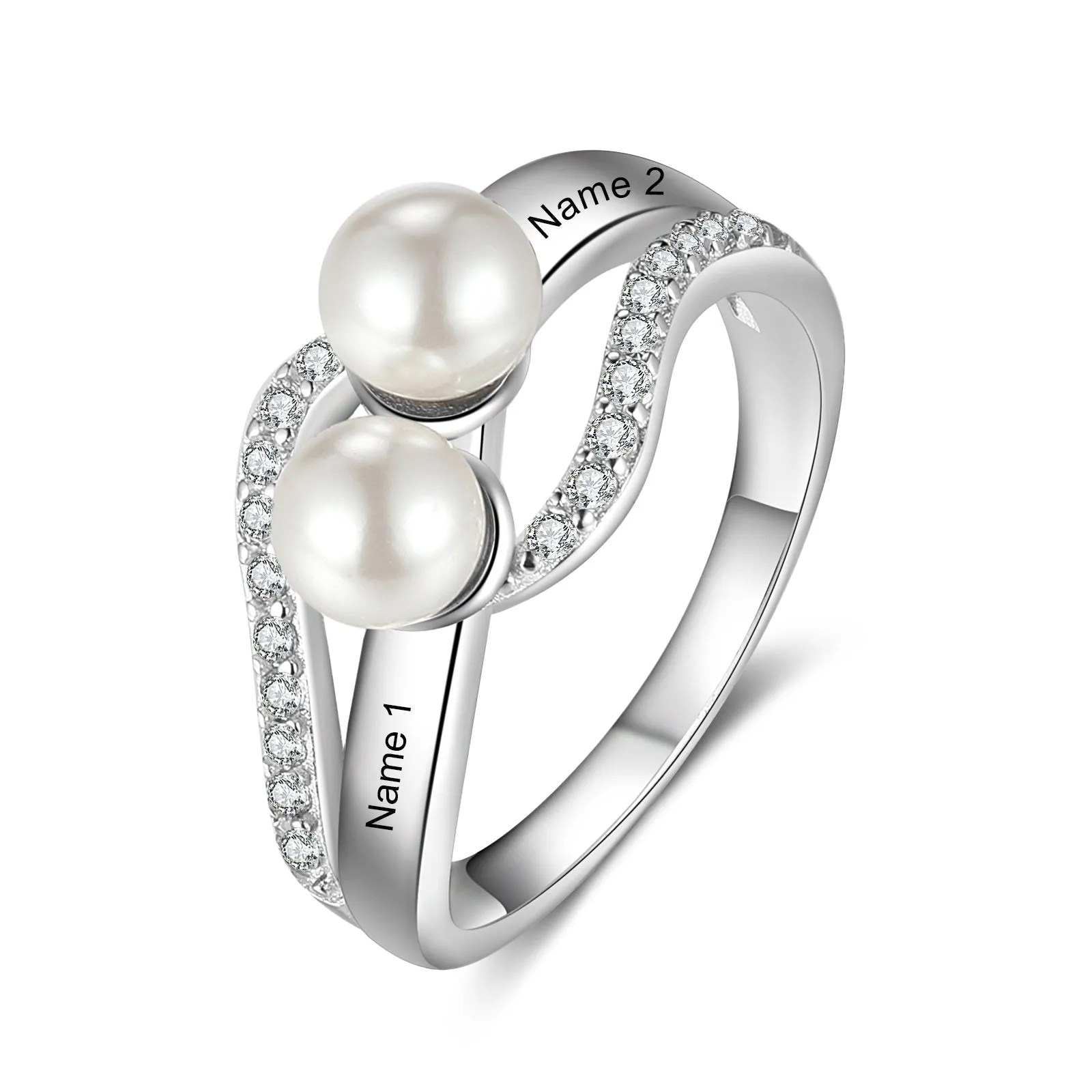 Personalised Name Pearl Ring- White Gold Plated