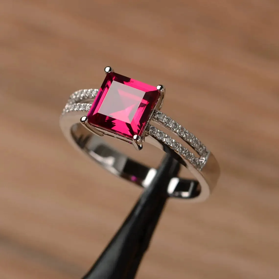 Ruby Square Cut Wedding Ring - 925 Sterling Silver Rings