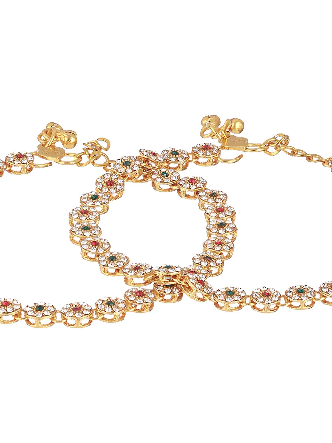 Set Of 2 Gold Plated Red & Green Kundan Studded & Cz Stone Anklets