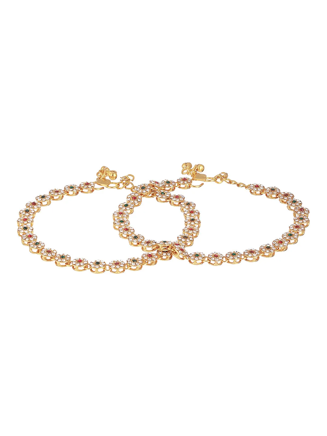 Set Of 2 Gold Plated Red & Green Kundan Studded & Cz Stone Anklets