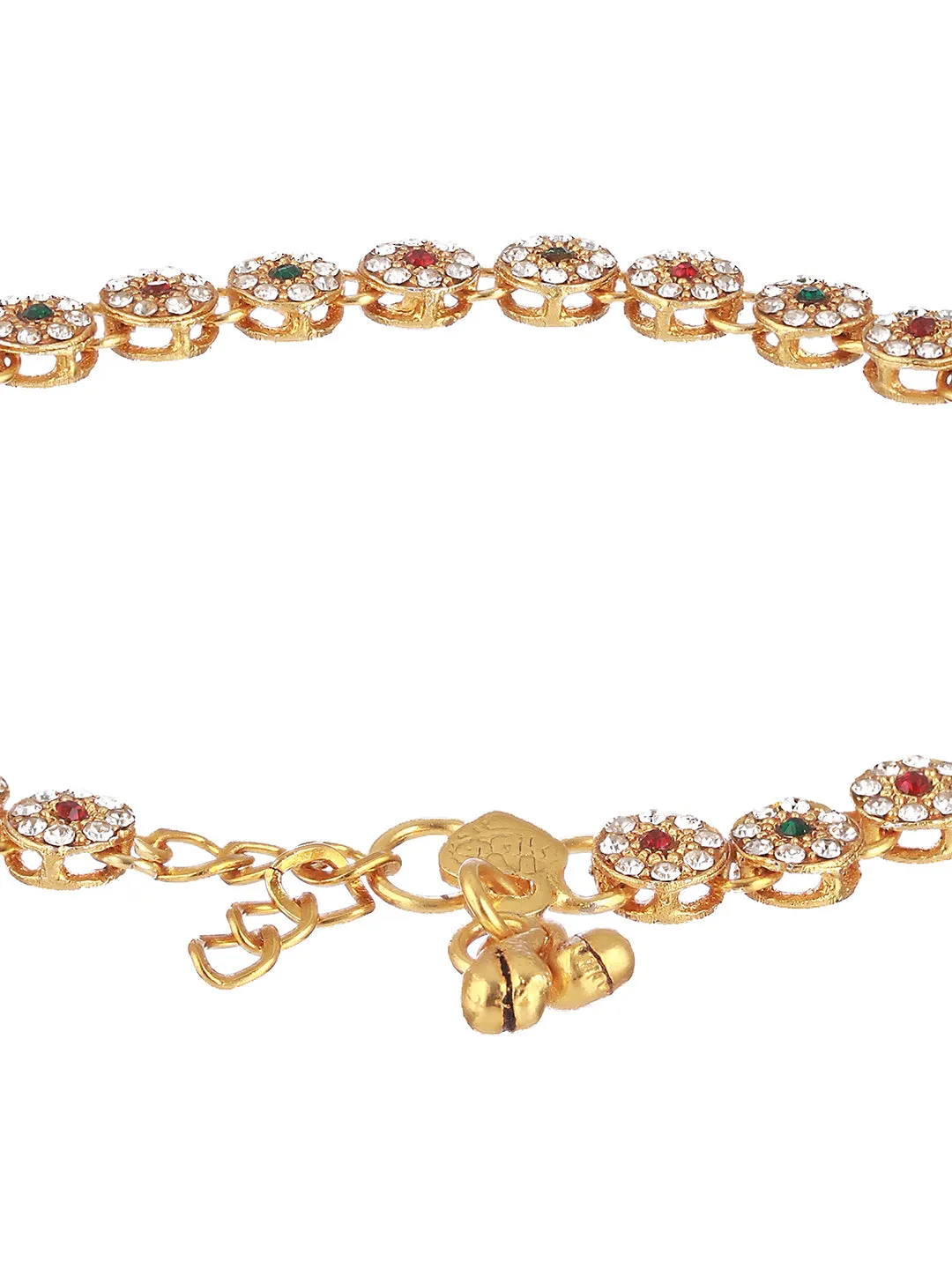 Set Of 2 Gold Plated Red & Green Kundan Studded & Cz Stone Anklets