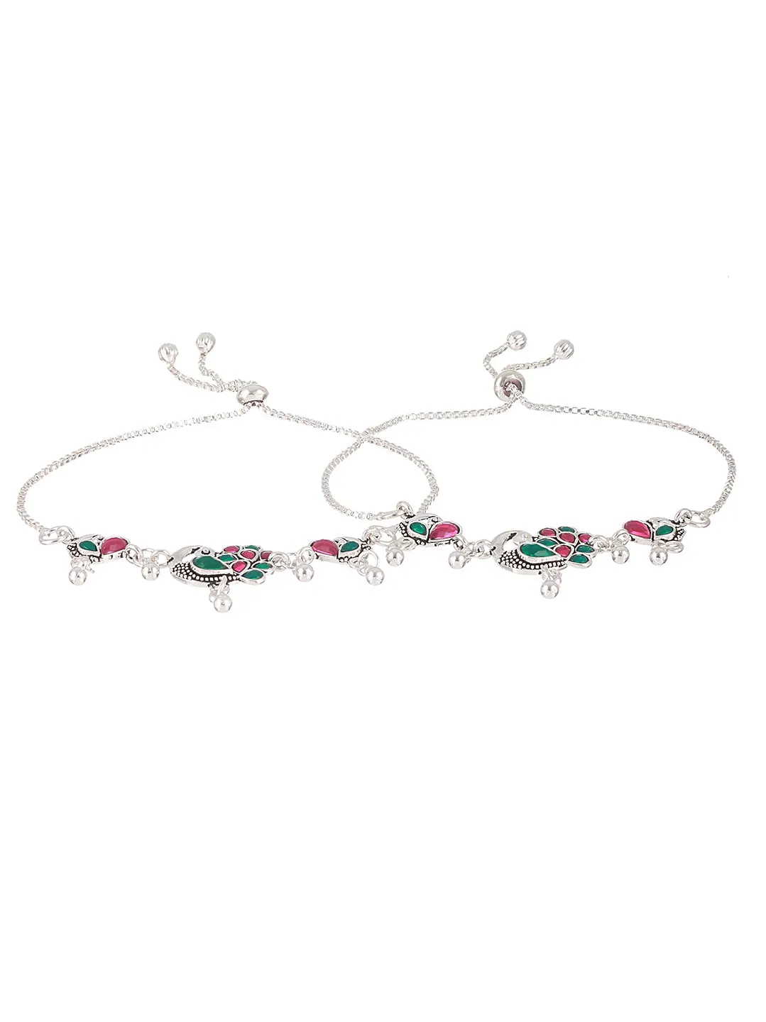 Set Of 2 Silver-Plated Stone-Studded Anklets
