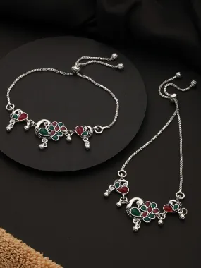 Set Of 2 Silver-Plated Stone-Studded Anklets