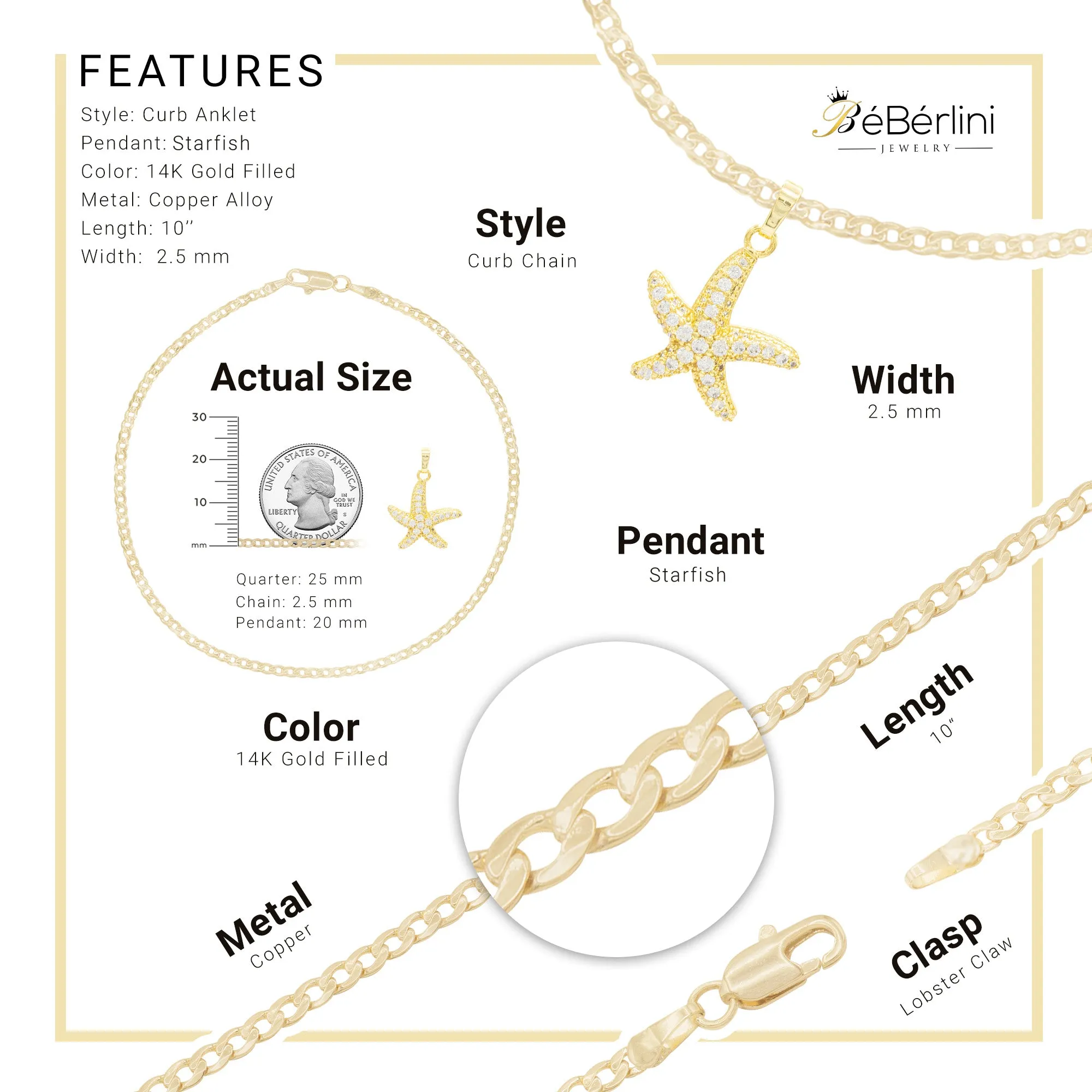 Starfish Pendant 14K Gold Filled Cubic Zirconia Anklet 10" Set 2.5 mm Women Jewelry