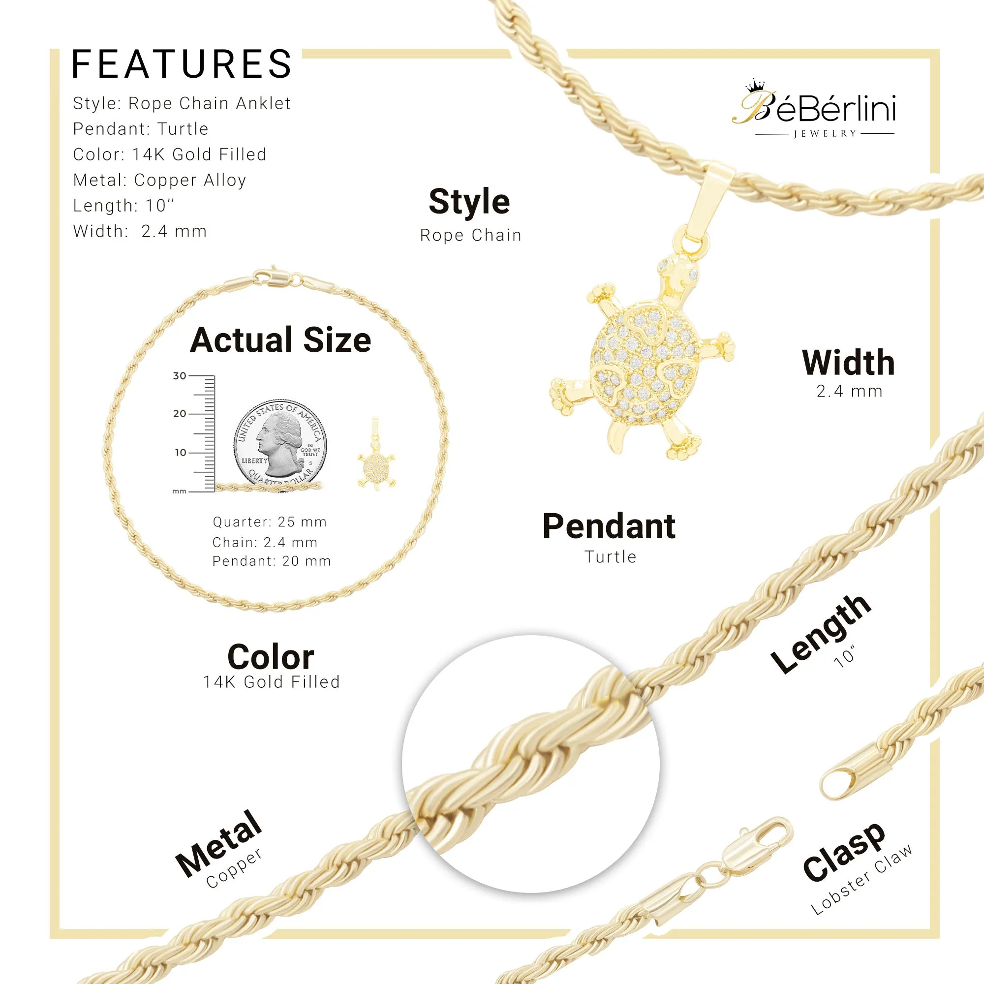 Turtle CZ Pendant 14K Anklet Bracelet Gold Filled Cubic Zirconia Charm Rope Foot Set 10" WomenJewelry
