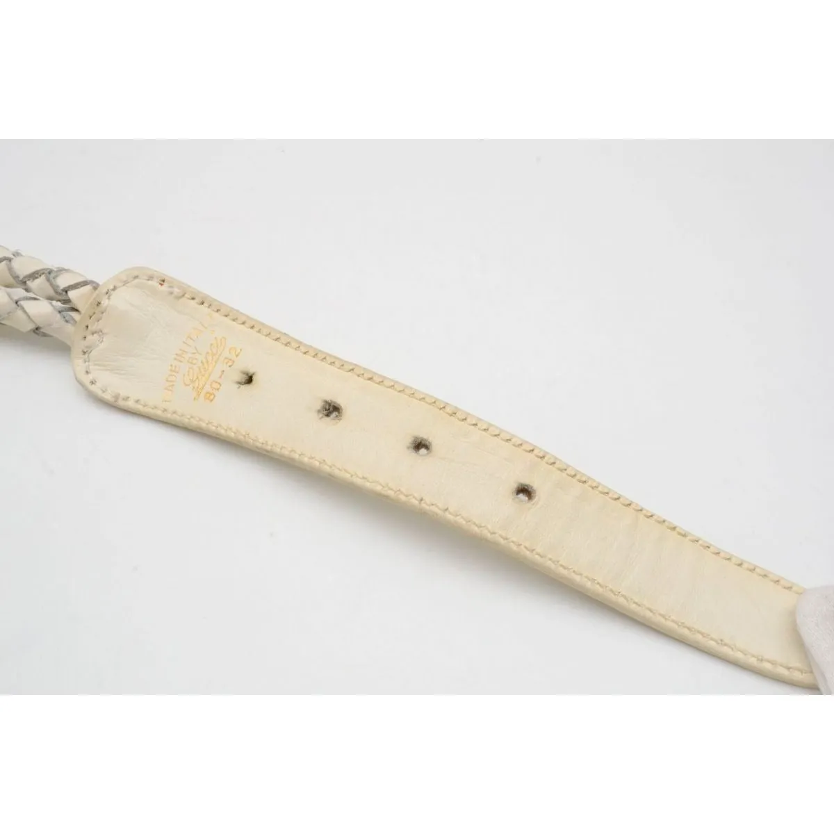 vintage, Gucci, size 80/32, white leather belt with a round, gold buckle with red and blue enamel & two braided leather strands