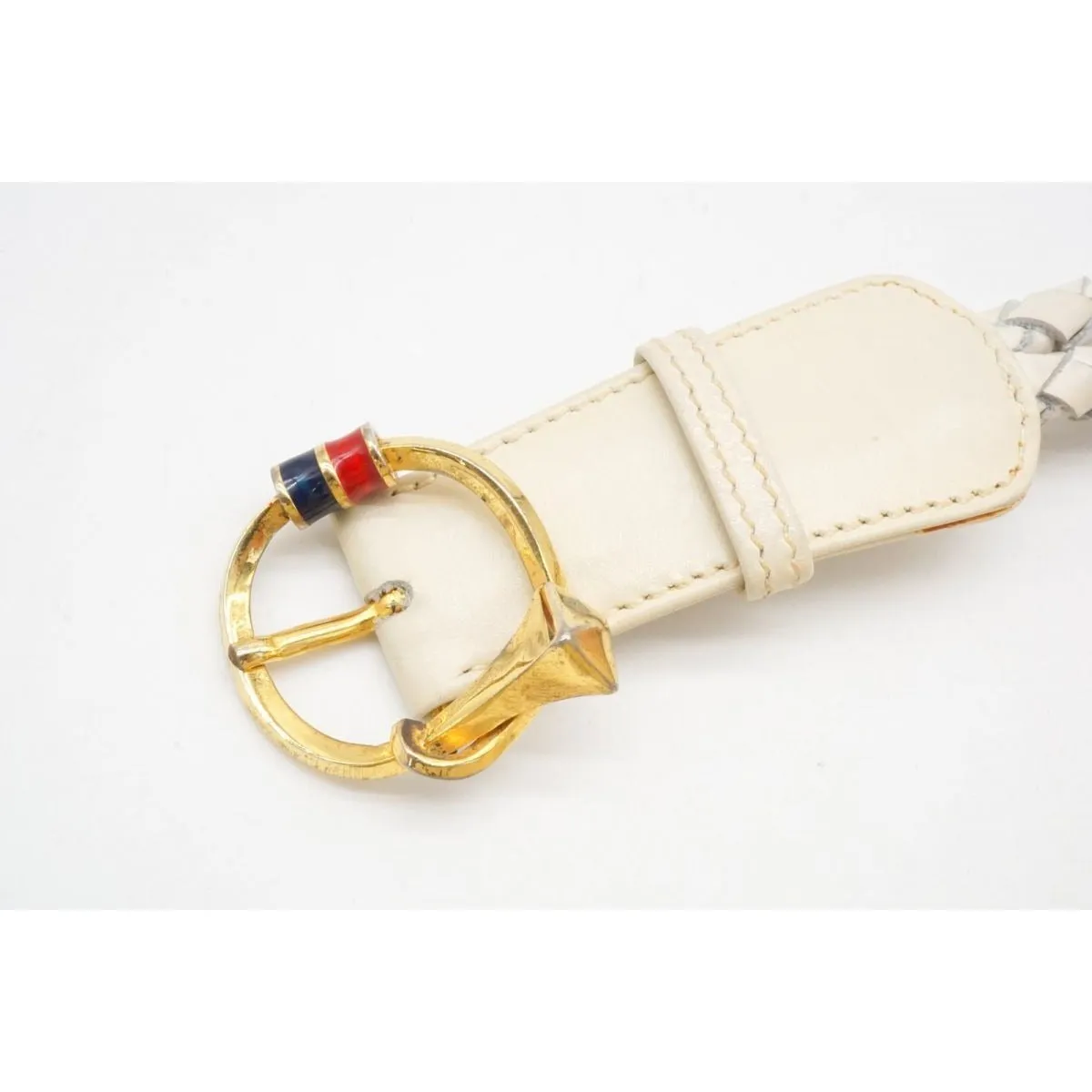vintage, Gucci, size 80/32, white leather belt with a round, gold buckle with red and blue enamel & two braided leather strands