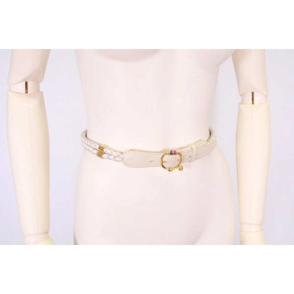 vintage, Gucci, size 80/32, white leather belt with a round, gold buckle with red and blue enamel & two braided leather strands
