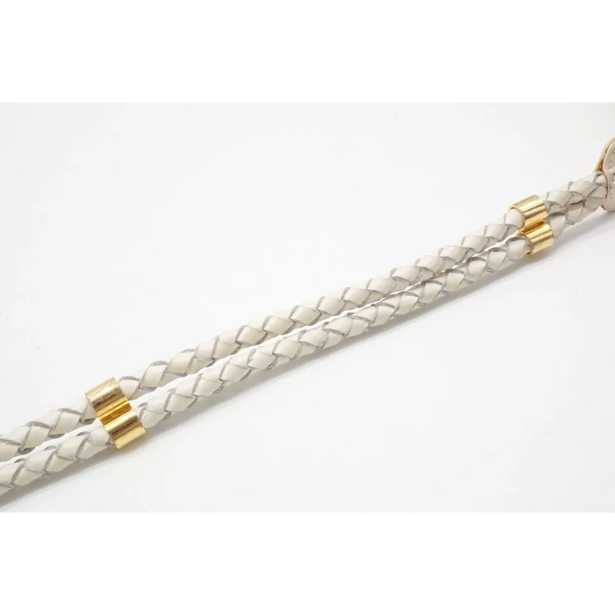 vintage, Gucci, size 80/32, white leather belt with a round, gold buckle with red and blue enamel & two braided leather strands